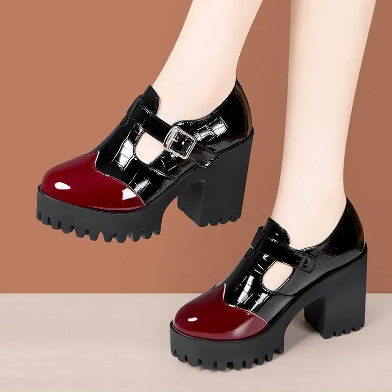Deep Mouth Bright Leather Mary Janes High Heels Women's Platform Pumps