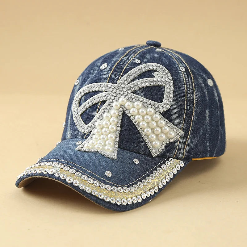 Handmade Diamond Stitching Adjustable Denim Baseball Caps with Pearl for Women