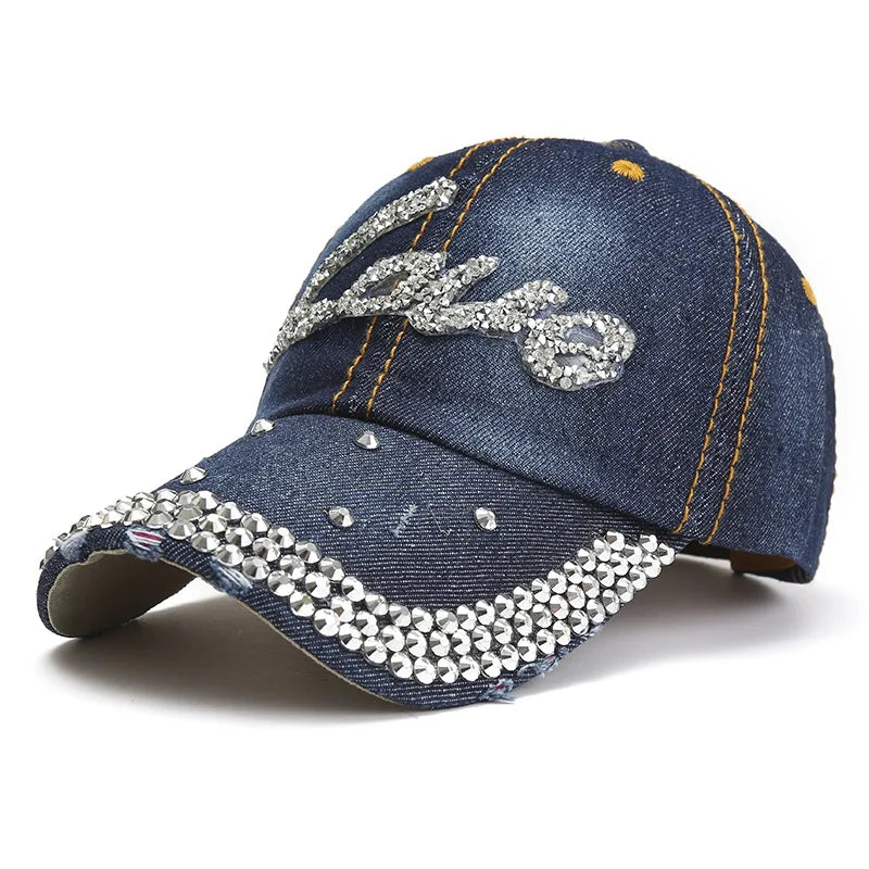 Denim Rhinestone Letter Love Adjustable Summer Outdoor Women Baseball Cap