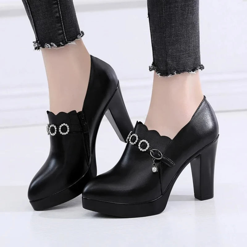 Premium Design Crystal Buckle Platform High Heels Shoes Women Pumps