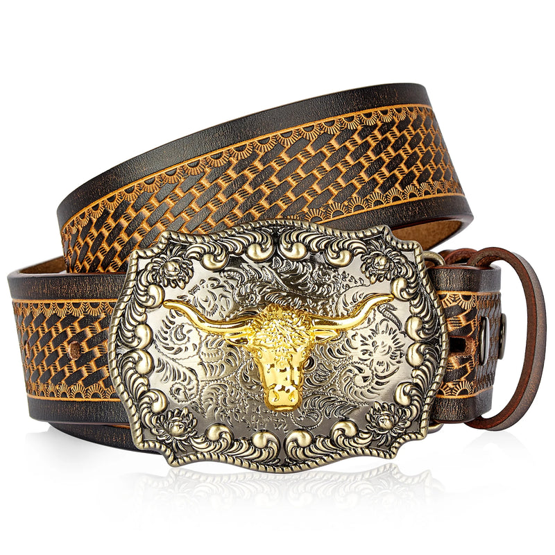 Men's Western Embossed Genuine Leather Belts with Golden Cowboy Longhorn Bull Buckle