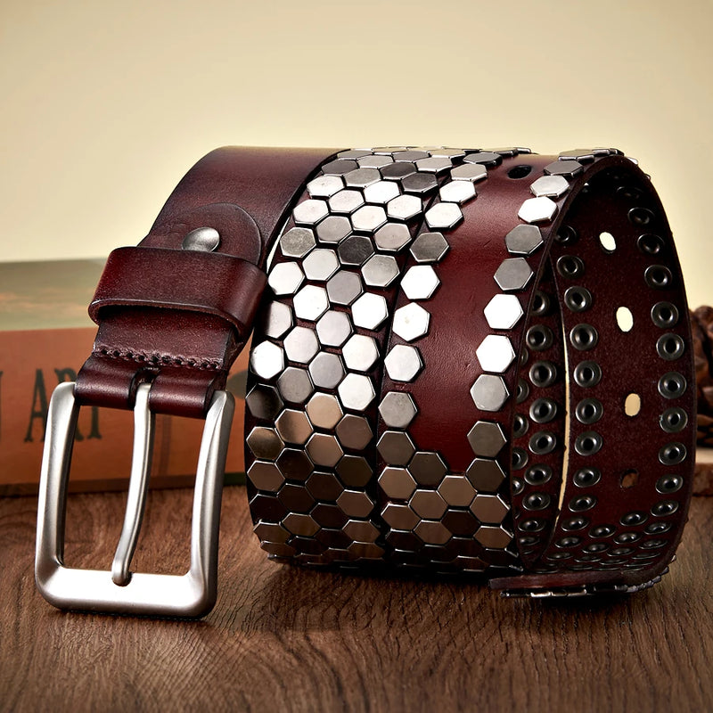 3.8cm Width Men Rivet Studded Belt Punk With Pin Buckle