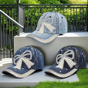 Handmade Diamond Stitching Adjustable Denim Baseball Caps with Pearl for Women