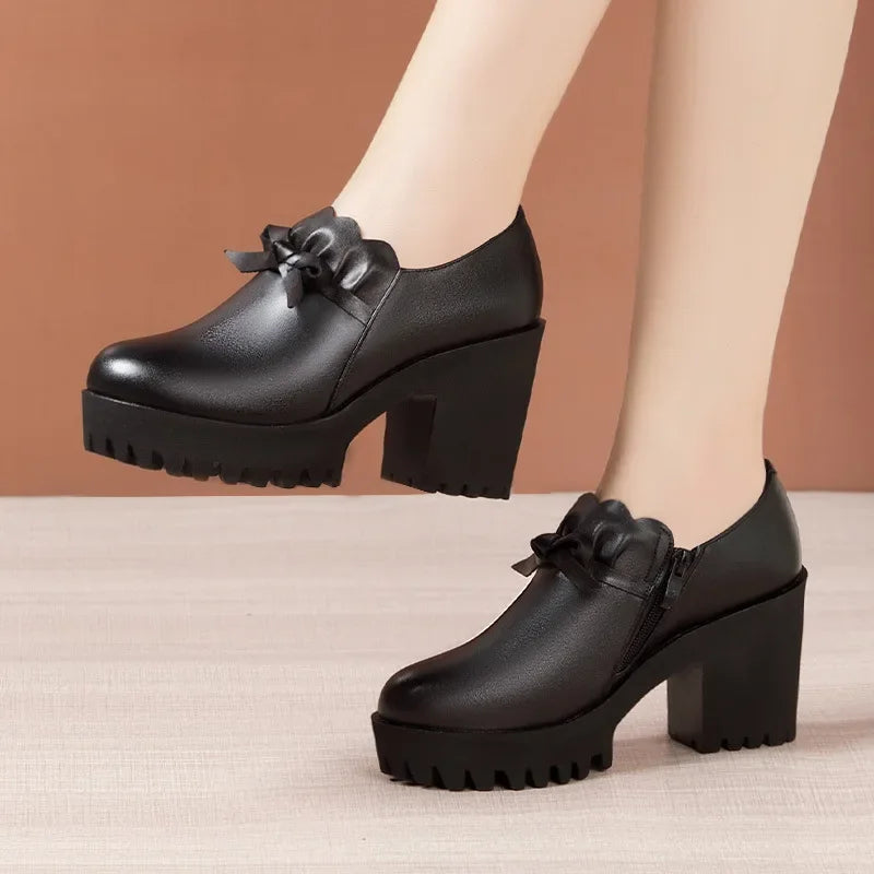 Deep Mouth Black Genuine Leather High Heels Women Shoes
