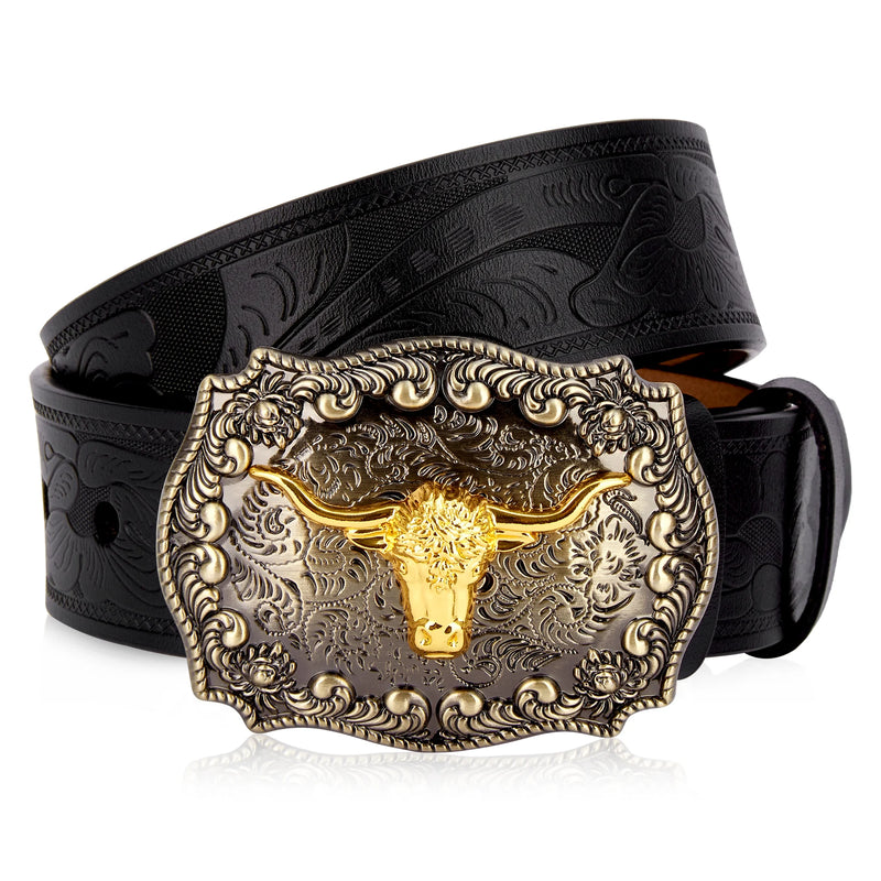 Men's Western Embossed Genuine Leather Belts with Golden Cowboy Longhorn Bull Buckle