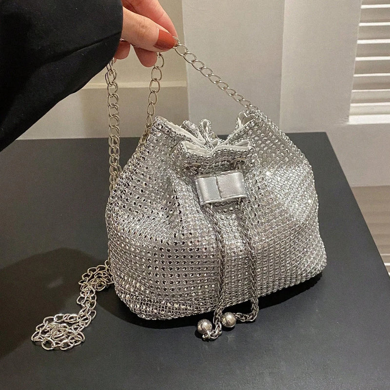 Sparkling Rhinestone Embellished Drawstring Crossbody Formal Handbags for Women