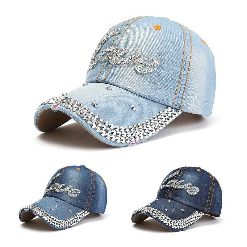 Denim Rhinestone Letter Love Adjustable Summer Outdoor Women Baseball Cap