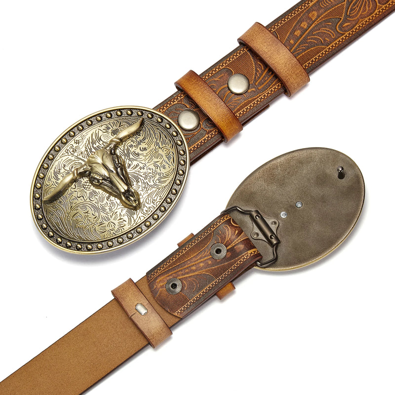 Men's Western Embossed Genuine Leather Belts with Golden Cowboy Longhorn Bull Buckle