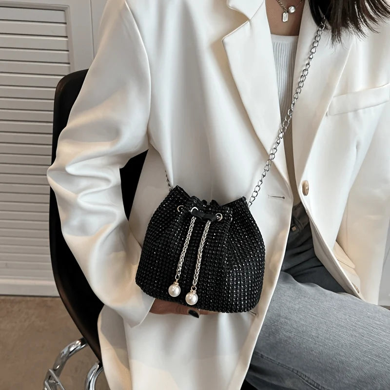 Sparkling Rhinestone Embellished Drawstring Crossbody Formal Handbags for Women