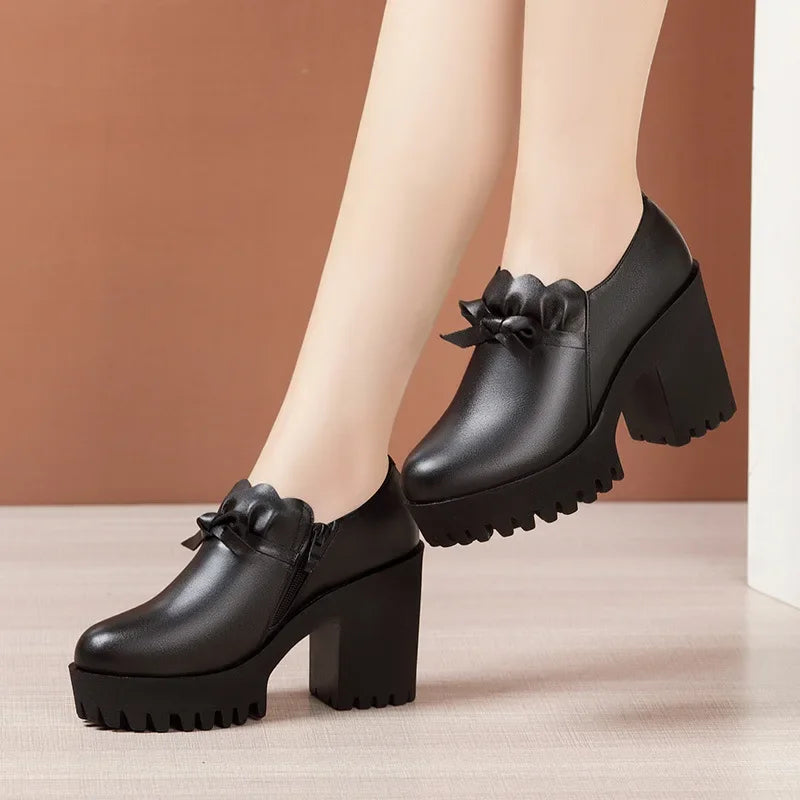 Deep Mouth Black Genuine Leather High Heels Women Shoes