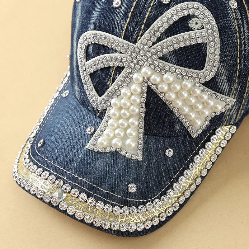 Handmade Diamond Stitching Adjustable Denim Baseball Caps with Pearl for Women