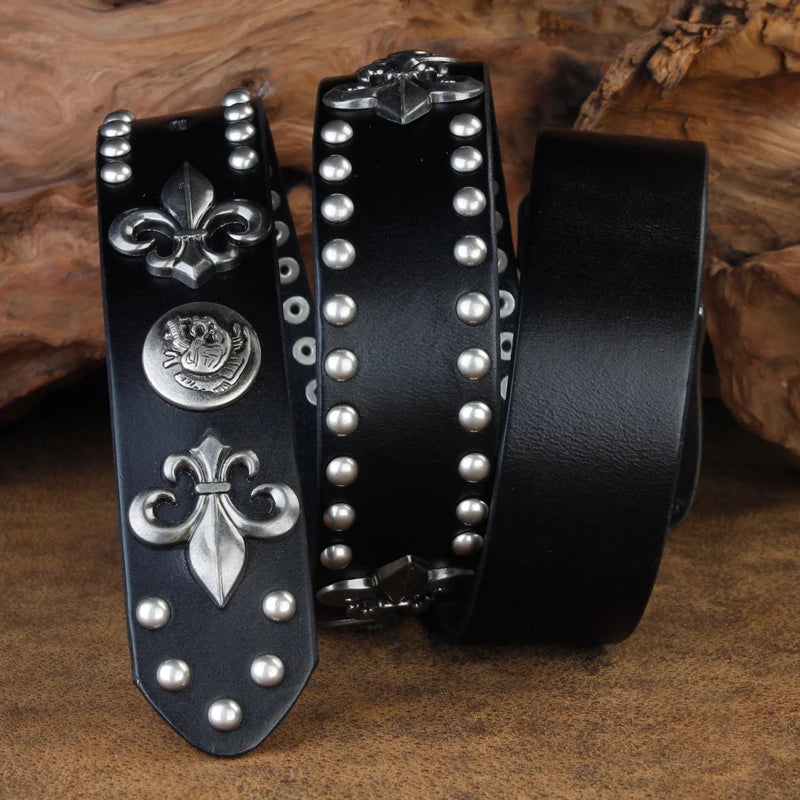 Brand Designer Metal Rivet Cowboy Belt Top Grain 100% Genuine Leather Men Belt