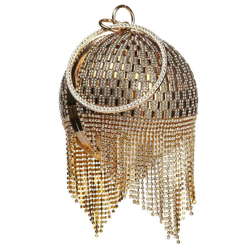 Diamond Tassels Rhinestone Round Ball Wedding Party Bags Gold B Clutch