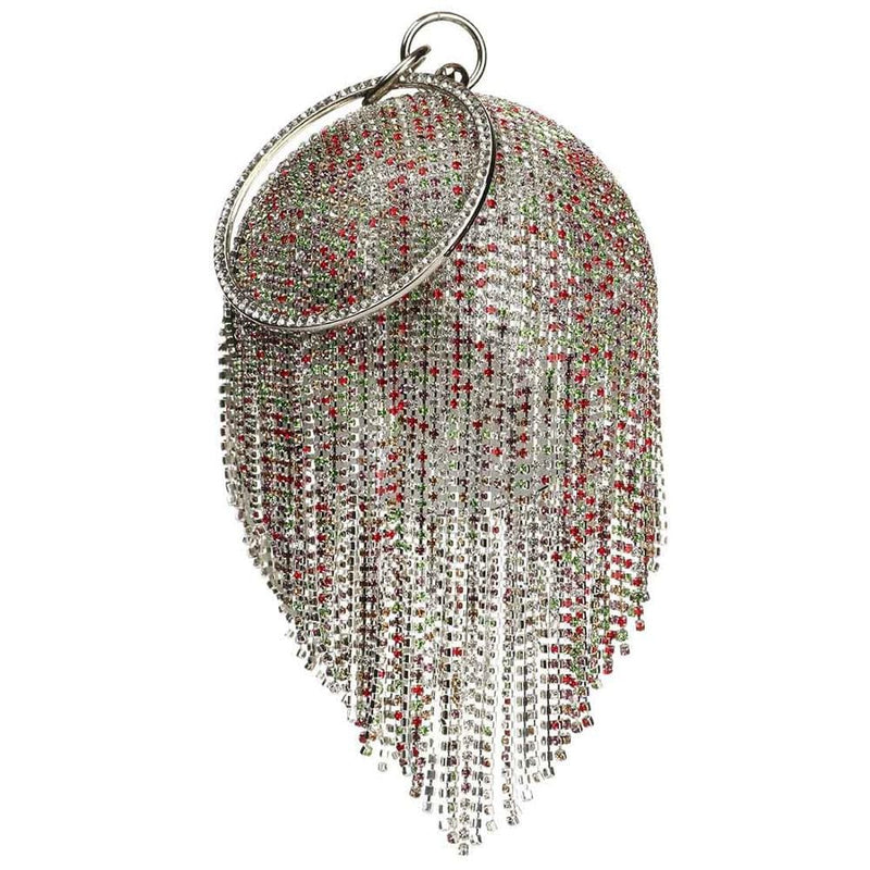 Diamond Tassels Rhinestone Round Ball Wedding Party Bags Long Silver Red Clutch