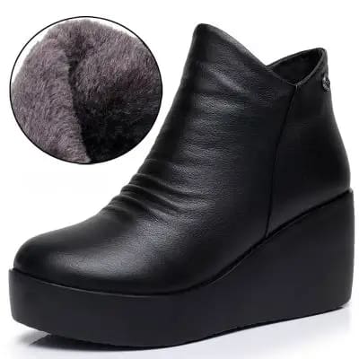 Genuine Leather Height Increasing Ankle Women Boots Black With Plush / 8.5