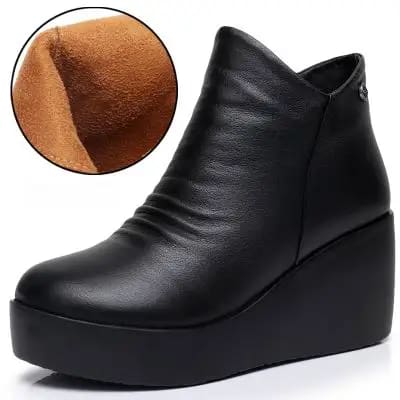 Genuine Leather Height Increasing Ankle Women Boots Black Without Plush / 9