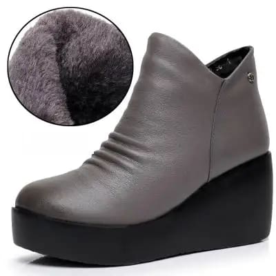 Genuine Leather Height Increasing Ankle Women Boots Gray With Plush / 6