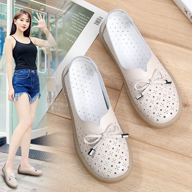 Genuine Leather Hollow Out Solid Soft Ballet Flats Summer Women’s Slip On Loafers Beige / 7.5 HIGH HEELS