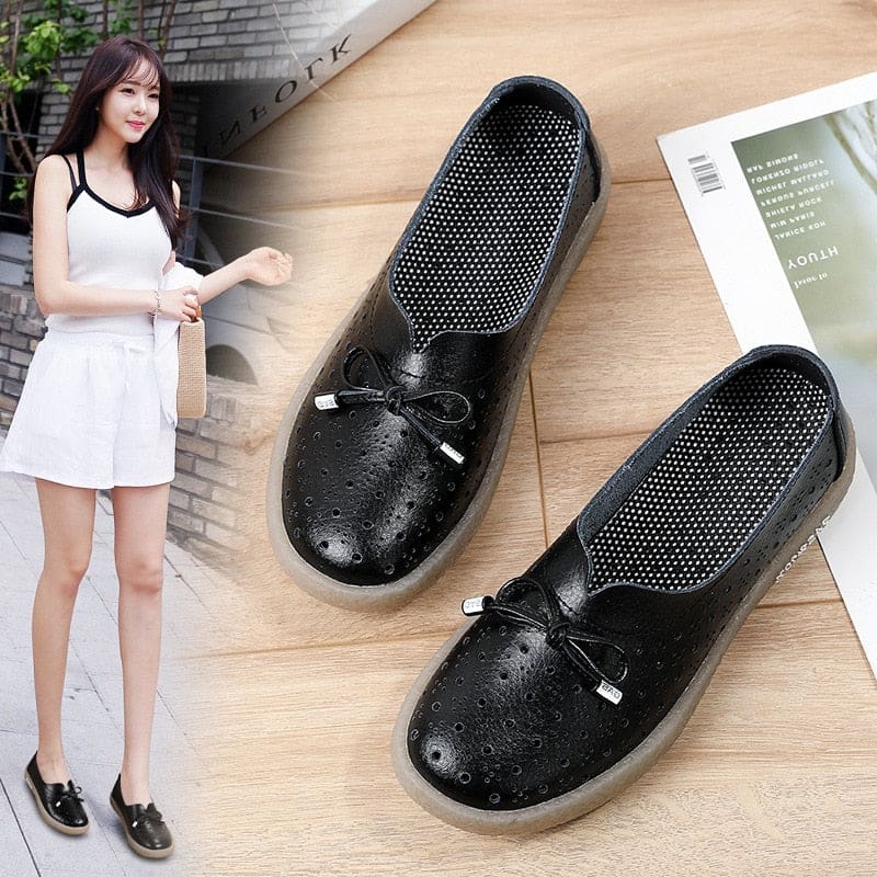 Genuine Leather Hollow Out Solid Soft Ballet Flats Summer Women’s Slip On Loafers Black / 7.5 HIGH HEELS