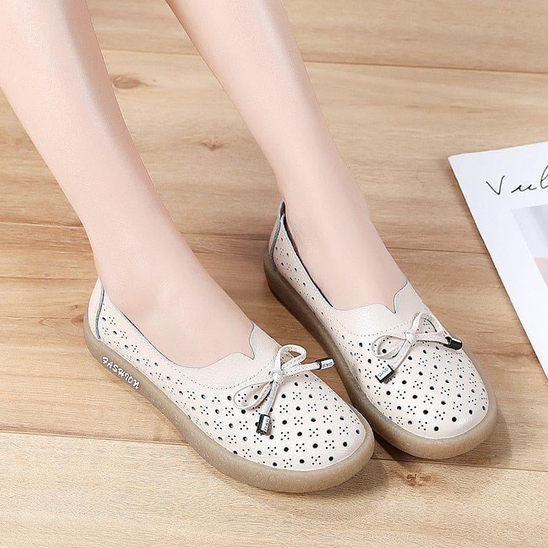 Genuine Leather Hollow Out Solid Soft Ballet Flats Summer Women’s Slip On Loafers HIGH HEELS