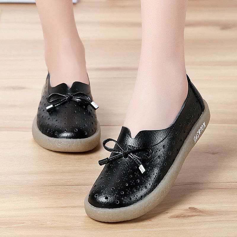 Genuine Leather Hollow Out Solid Soft Ballet Flats Summer Women’s Slip On Loafers HIGH HEELS