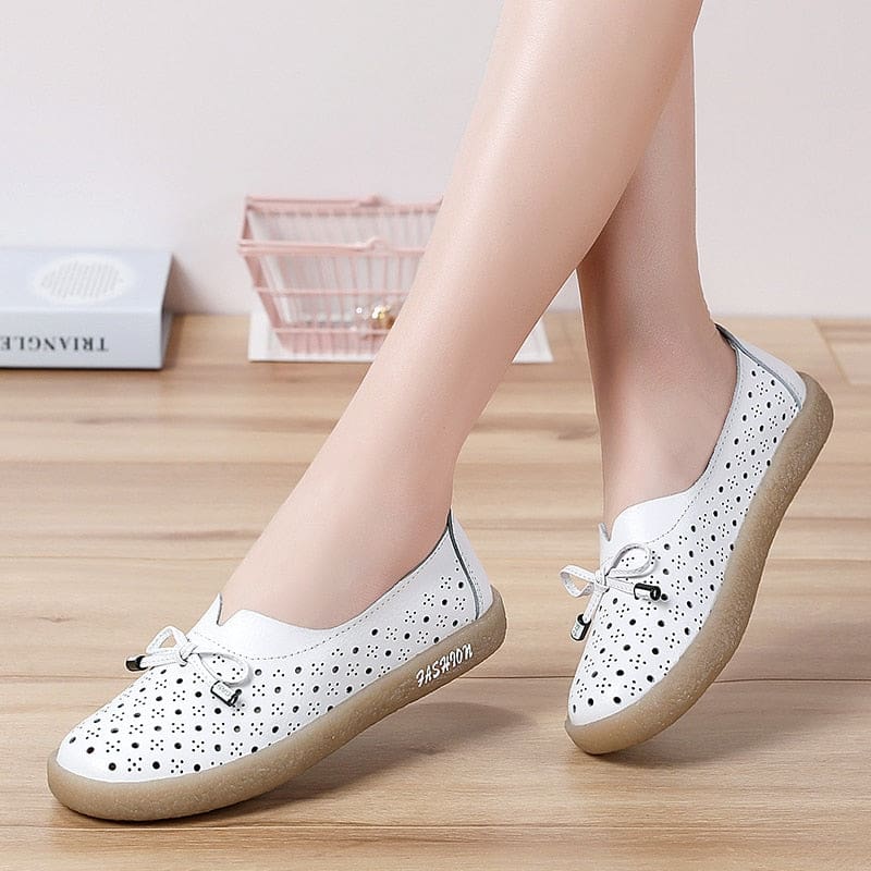 Genuine Leather Hollow Out Solid Soft Ballet Flats Summer Women’s Slip On Loafers HIGH HEELS