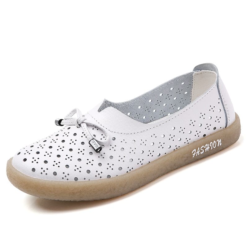 Genuine Leather Hollow Out Solid Soft Ballet Flats Summer Women’s Slip On Loafers HIGH HEELS