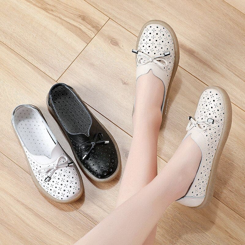 Genuine Leather Hollow Out Solid Soft Ballet Flats Summer Women’s Slip On Loafers HIGH HEELS