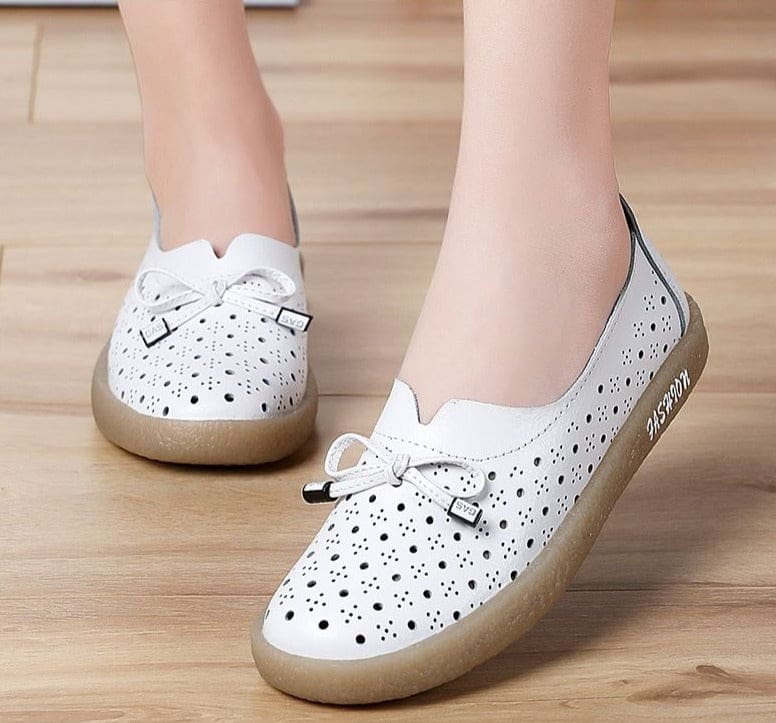 Genuine Leather Hollow Out Solid Soft Ballet Flats Summer Women’s Slip On Loafers HIGH HEELS