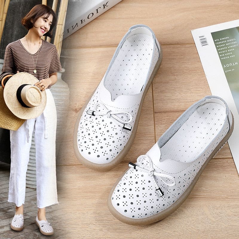 Genuine Leather Hollow Out Solid Soft Ballet Flats Summer Women’s Slip On Loafers White / 9 HIGH HEELS