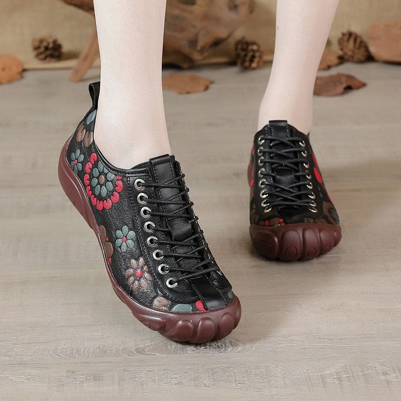 Genuine Leather Lace-up Round Toe Flats Leisure Retro Handmade Ladies Shoes Black / 7.5 HIGH HEELS