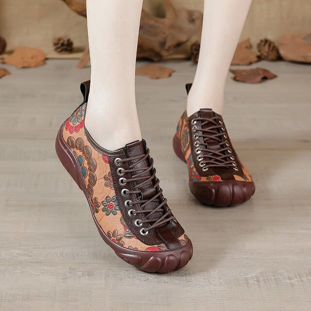 Genuine Leather Lace-up Round Toe Flats Leisure Retro Handmade Ladies Shoes HIGH HEELS