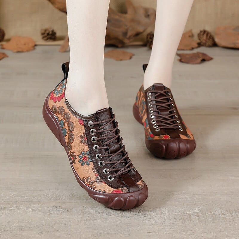 Genuine Leather Lace-up Round Toe Flats Leisure Retro Handmade Ladies Shoes Khaki / 5 HIGH HEELS