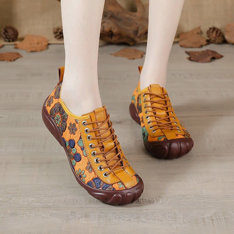 Genuine Leather Lace-up Round Toe Flats Leisure Retro Handmade Ladies Shoes Yellow / 10 HIGH HEELS