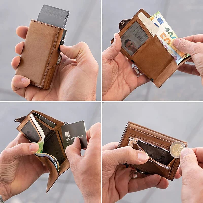 Genuine Leather Pop-Up Credit Card Case with RFID Protection Wallet Compartment for Notes and Coins Men Women