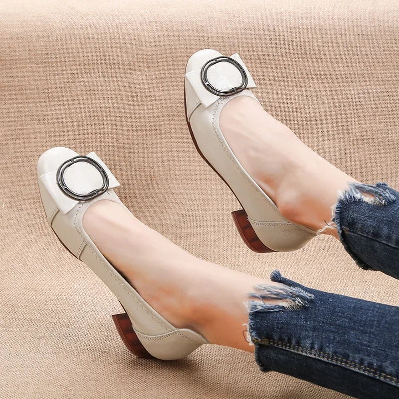 Genuine Leather Square Toe Low Heel Women Shoes Beige / 8.5