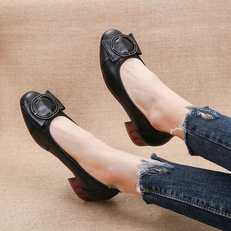 Genuine Leather Square Toe Low Heel Women Shoes Black / 10