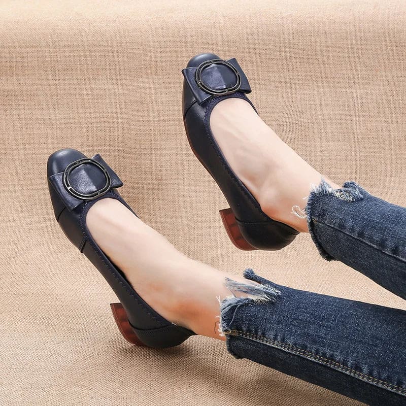 Genuine Leather Square Toe Low Heel Women Shoes Blue / 5