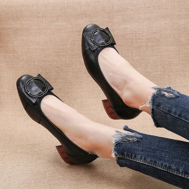 Genuine Leather Square Toe Low Heel Women Shoes