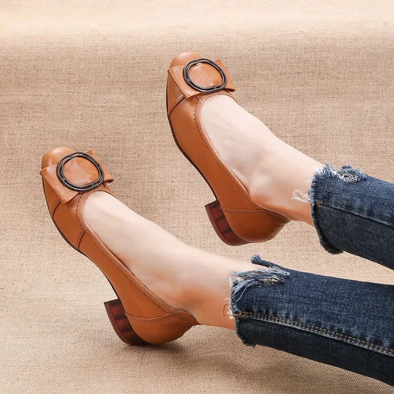 Genuine Leather Square Toe Low Heel Women Shoes Yellow / 7.5