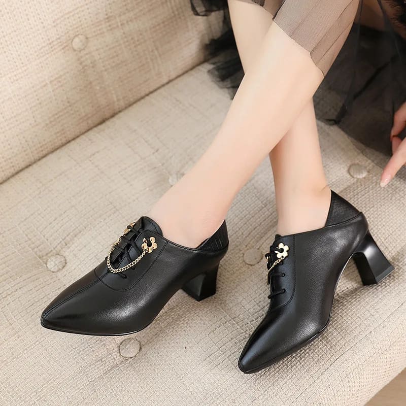 Genuine Leather Thick High Heel Lace Up Ladies Shoes HIGH HEELS