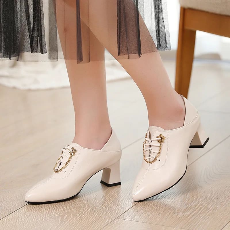 Genuine Leather Thick High Heel Lace Up Ladies Shoes HIGH HEELS