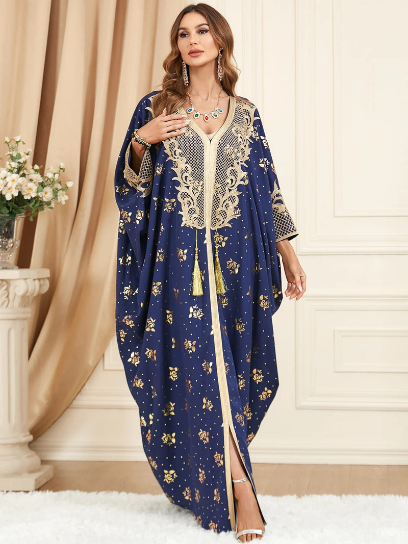 Embroidered V-Neck Batwing Sleeve Kaftan Abaya Party Gowns