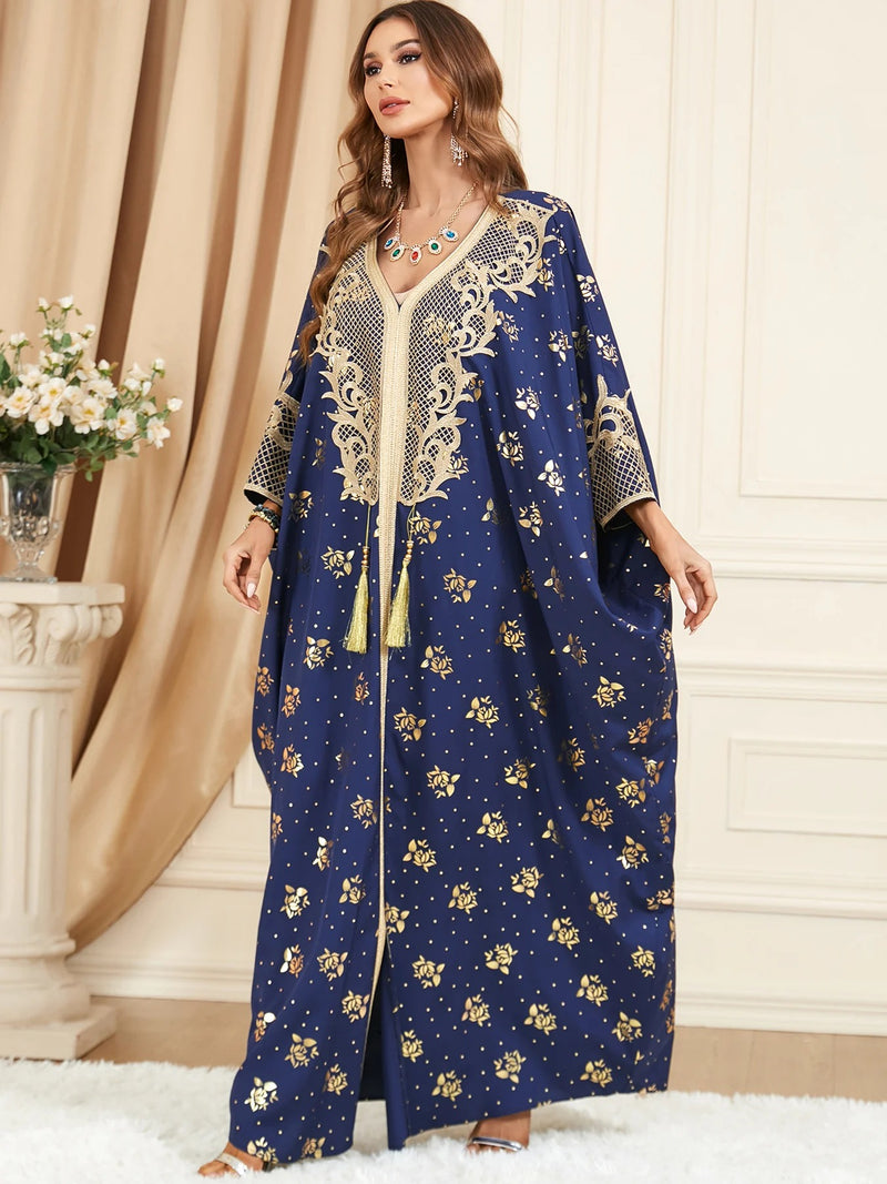 Embroidered V-Neck Batwing Sleeve Kaftan Abaya Party Gowns