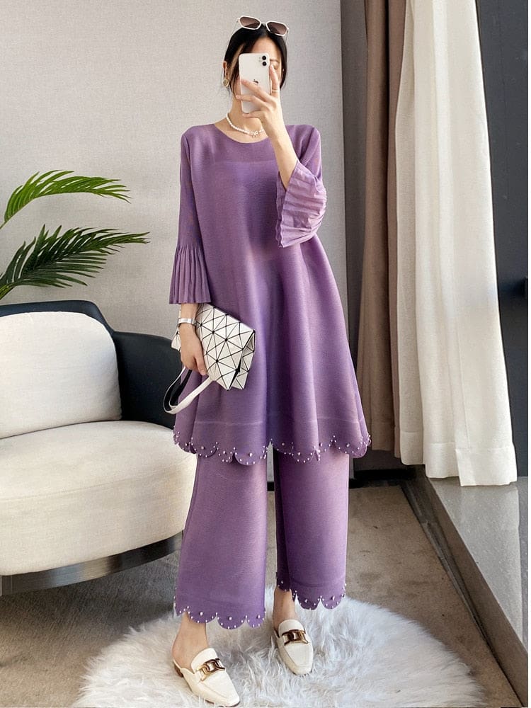 Miyake Beading Pleated 2 Pieces Set For Women One Size / Purple Dresses
