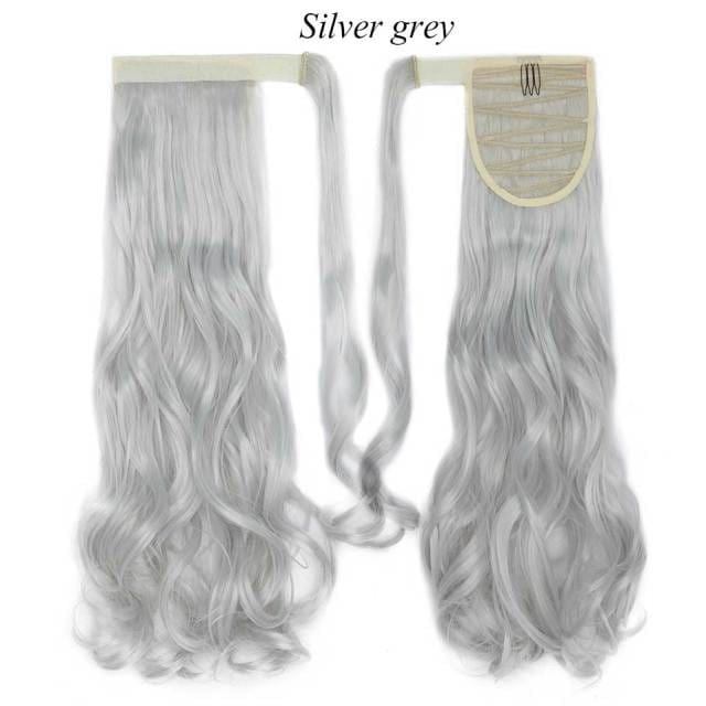 17inch long wavy natural ponytail clip in hairpiece wrap silver grey / 17inches