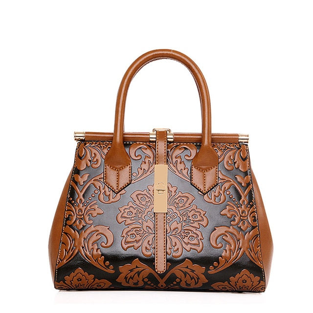 embossed leather women handbag brown