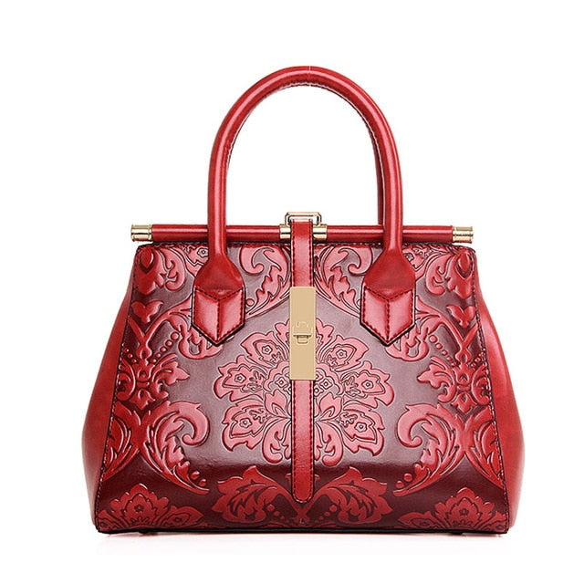 embossed leather women handbag red