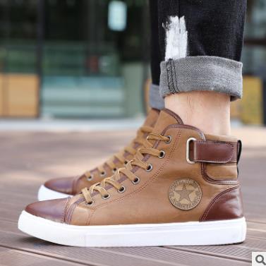 front lace-up leather ankle boots men casual high top shoes