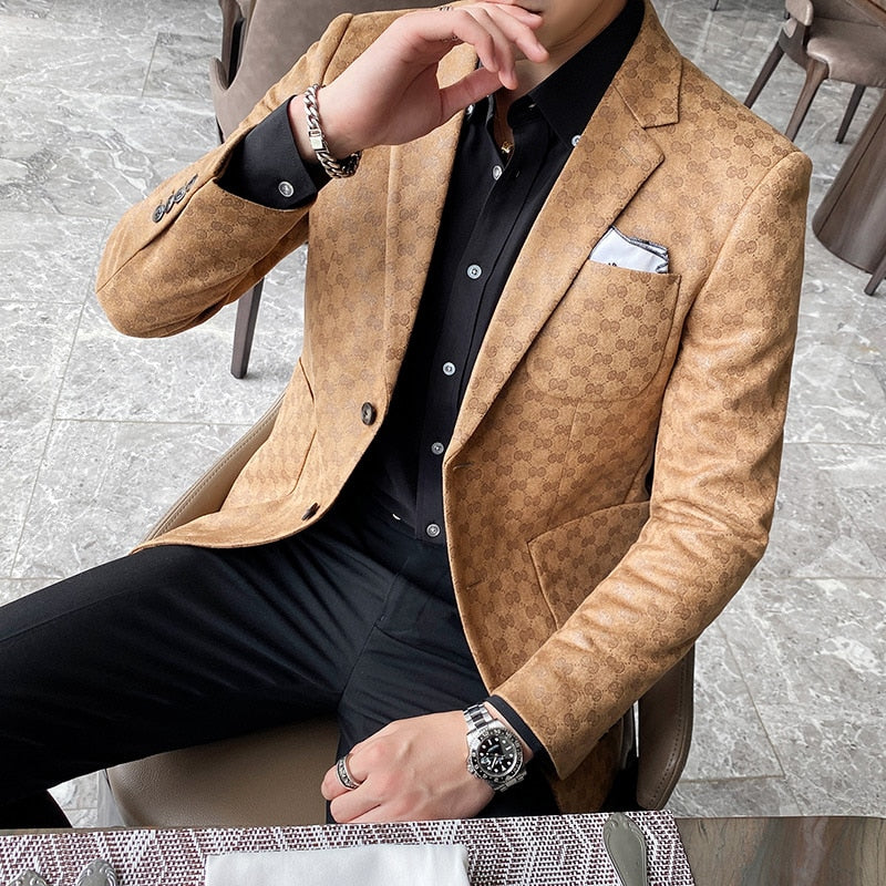 men blazers british style printed blazer masculino wedding business casual suit jacket streetwear social coat ropa hombre